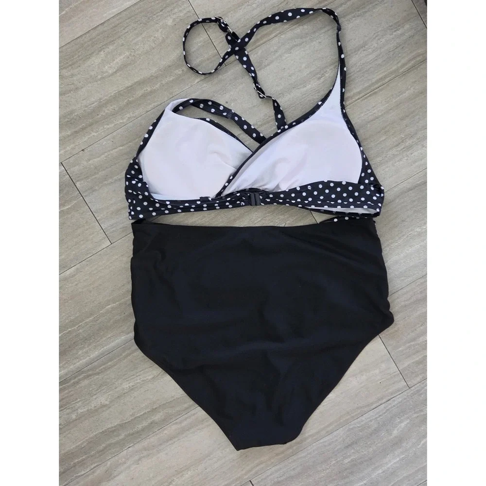 Black Polka Dot High Waisted Bikini Set Retro Halter Swimsuit Plus Size 4XL